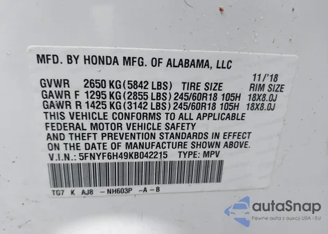 2019 Honda Pilot Ex-L из США, поврежденный, VIN 5FNYF6H49KB042215